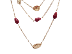 Pierced antique gold chain and red bead three strand necklace and earring set