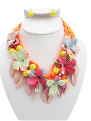 Clip on gold, orange woven cord multi colored suede flower necklace set