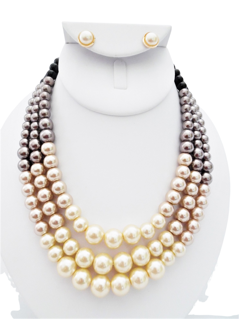 Pierced gold, black bead, gray pearl & cream pearl necklace and earring set
