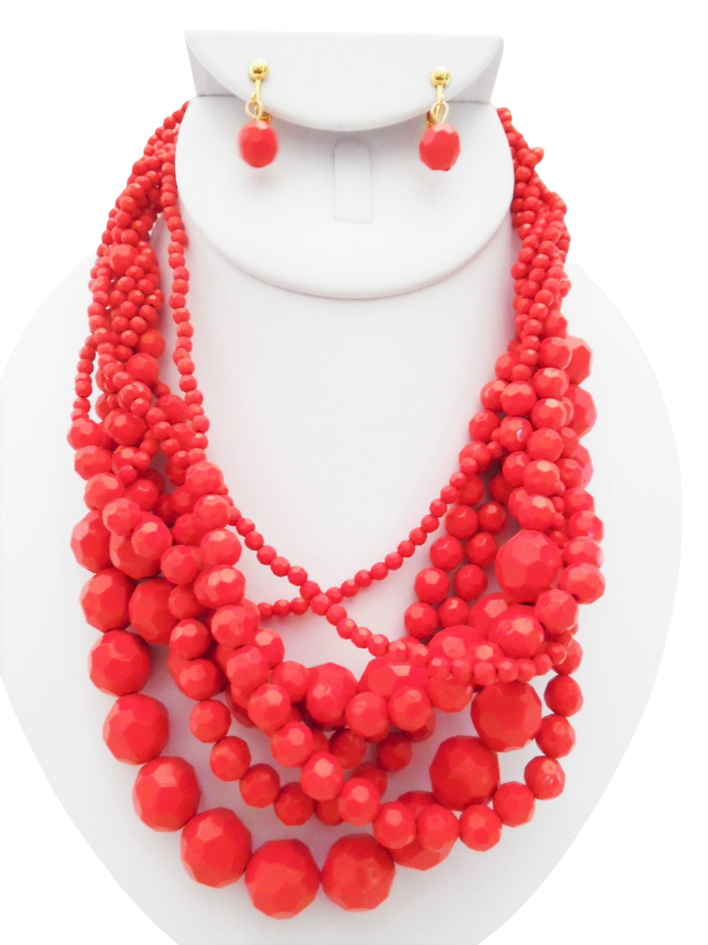 Trendy clip on gold and red multi strand necklace and earring set