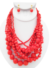 Trendy clip on gold and red multi strand necklace and earring set