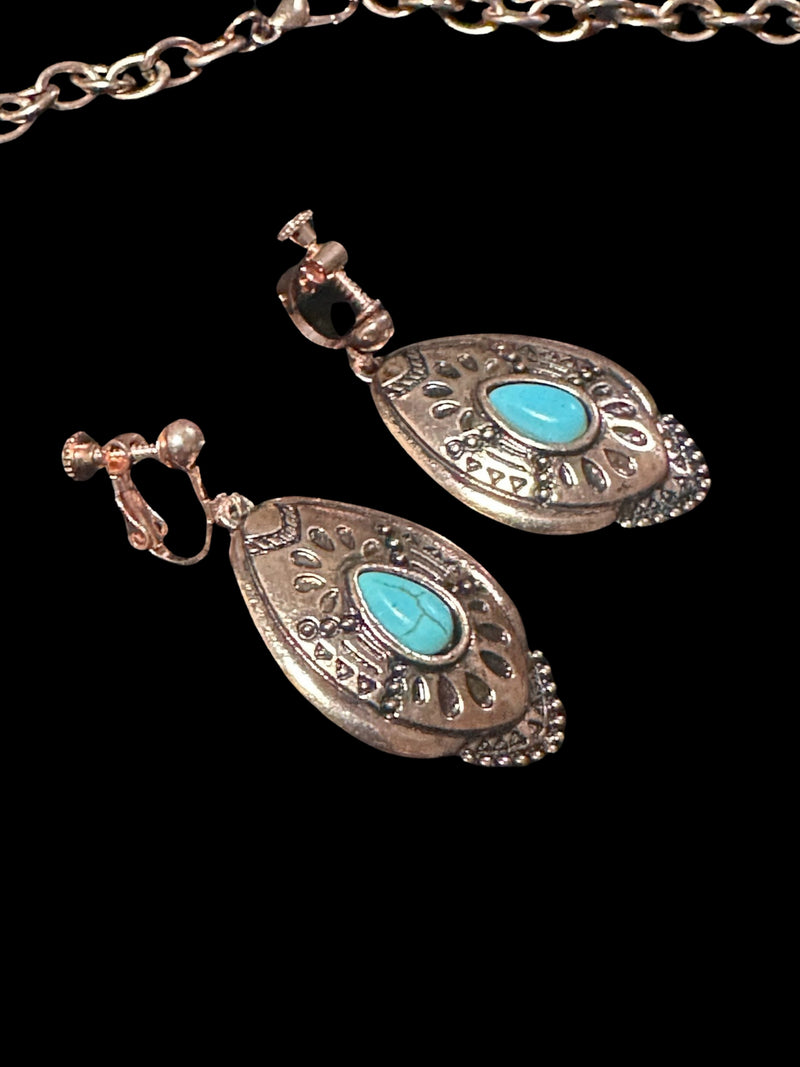 Western clip on rose and turquoise stone necklace and earring set