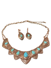 Western clip on rose and turquoise stone necklace and earring set