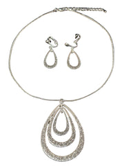 Clip on silver three layer teardrop pendant necklace set w/flower design