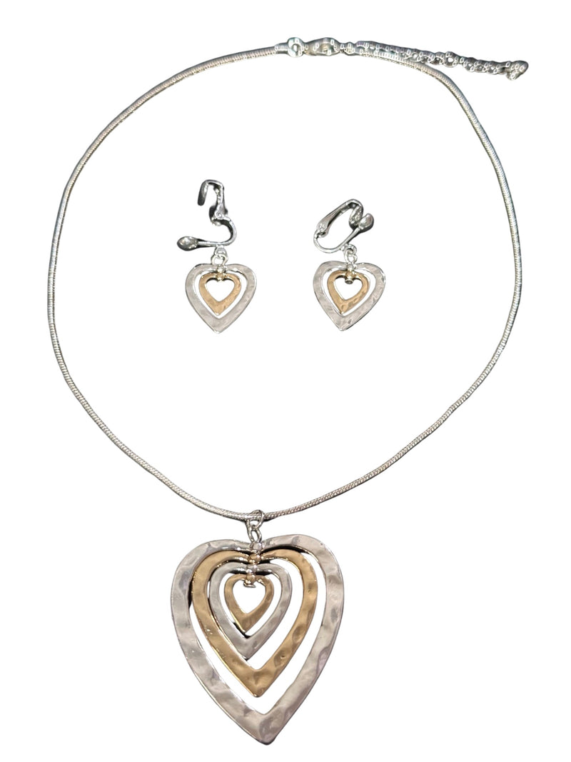 Clip on silver and gold heart pendant necklace and earring set