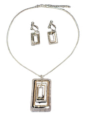 Clip on hammered silver and gold layered square pendant necklace set