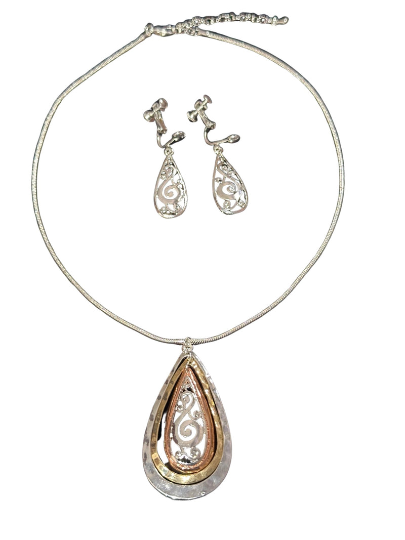 Clip on silver, rose and gold cutout flower teardrop pendant necklace set
