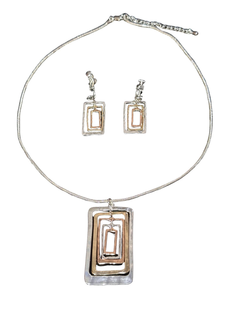 Clip on silver, gold and rose layered square pendant necklace set