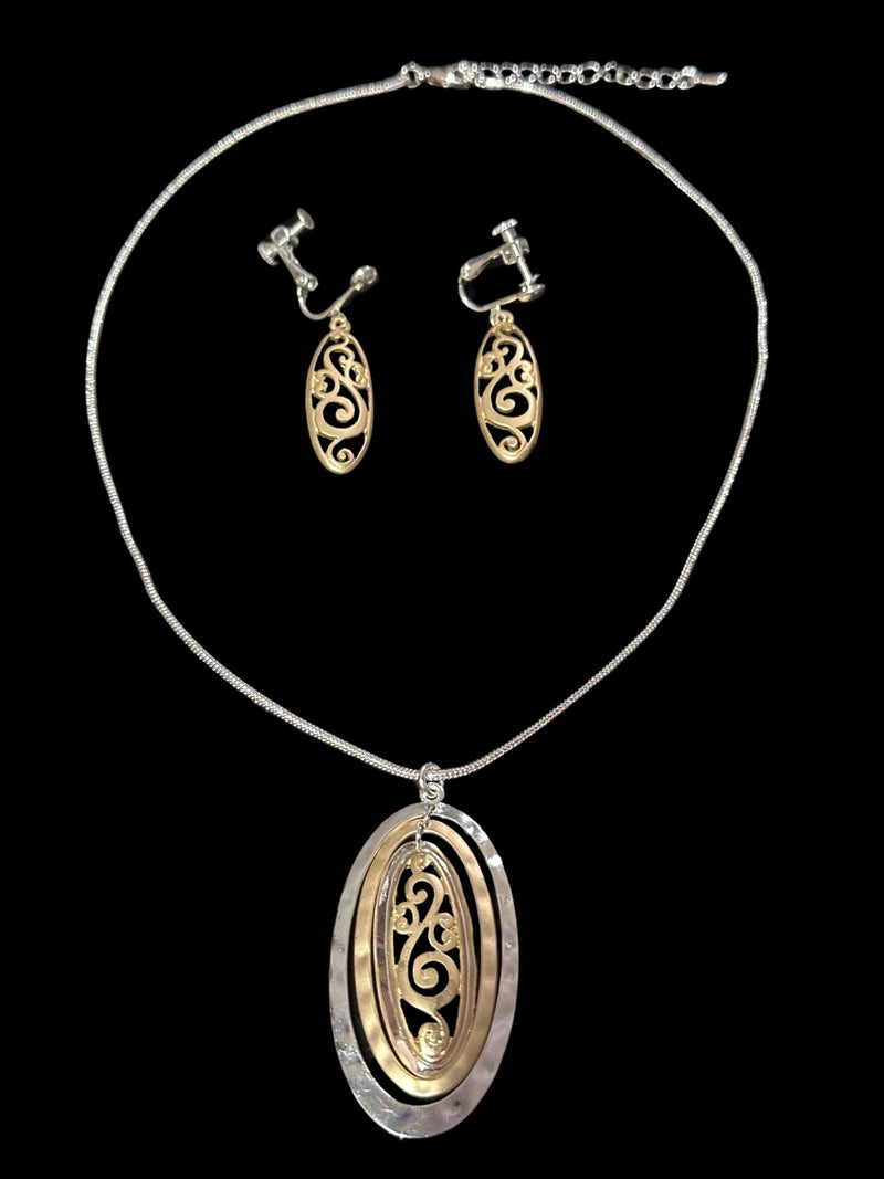 Clip on western silver black cord leaf necklace and earring set