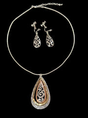 Clip on western silver black cord leaf necklace and earring set