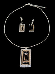 Clip on silver, gold and rose layered square pendant necklace set