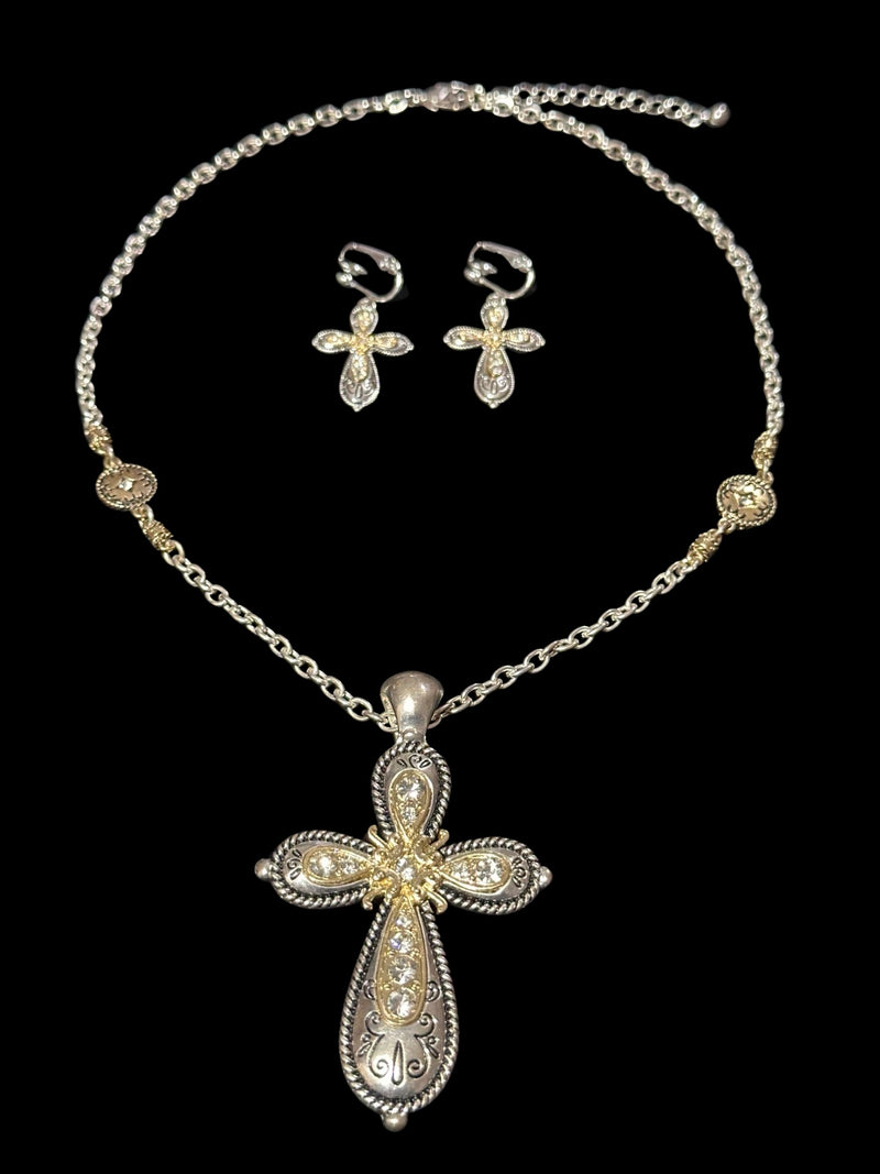 Clip on silver, gold cross pendant necklace and earring set w/clear stones