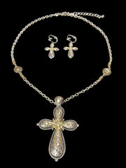 Clip on silver, gold cross pendant necklace and earring set w/clear stones