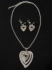 Clip on silver layered heart pendant necklace and earring set
