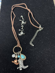 Clip on silver, gold and rose western brown cord hat & boot necklace set