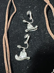 Clip on silver, gold and rose western brown cord hat & boot necklace set