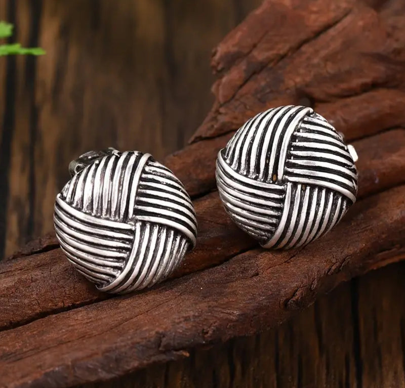 Clip on 3/4" matte silver woven button style earrings