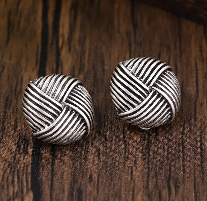 Clip on 3/4" matte silver woven button style earrings