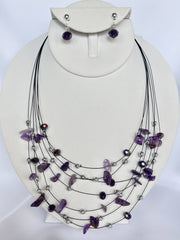 Clip on silver and purple odd shaped bead wire necklace and earring set