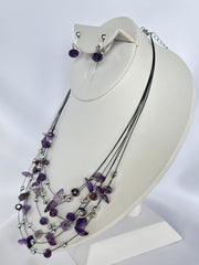 Clip on silver and purple odd shaped bead wire necklace and earring set