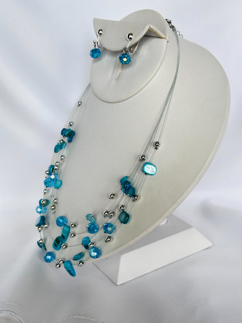 Clip on  silver, turquoise and blue odd shaped bead wire necklace and earring set