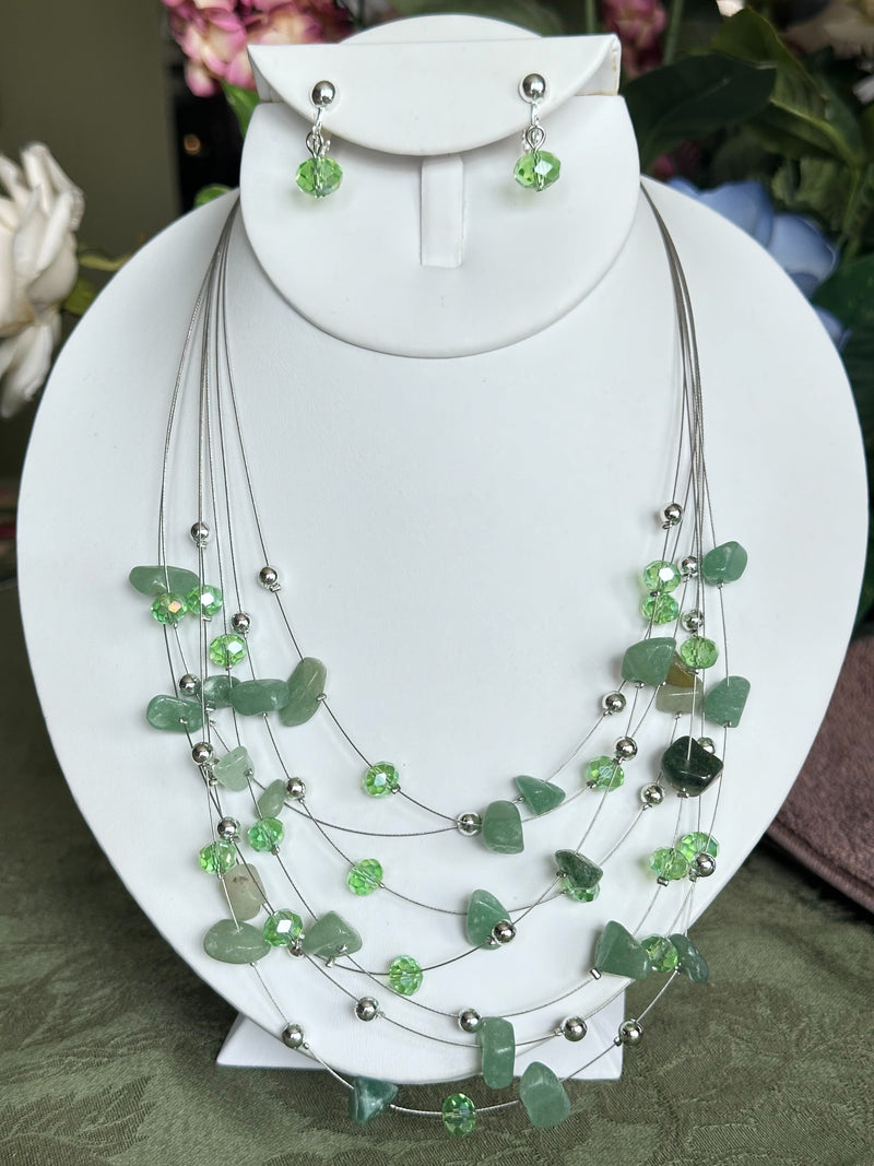 Clip on  silver and green odd shaped bead wire necklace and earring set