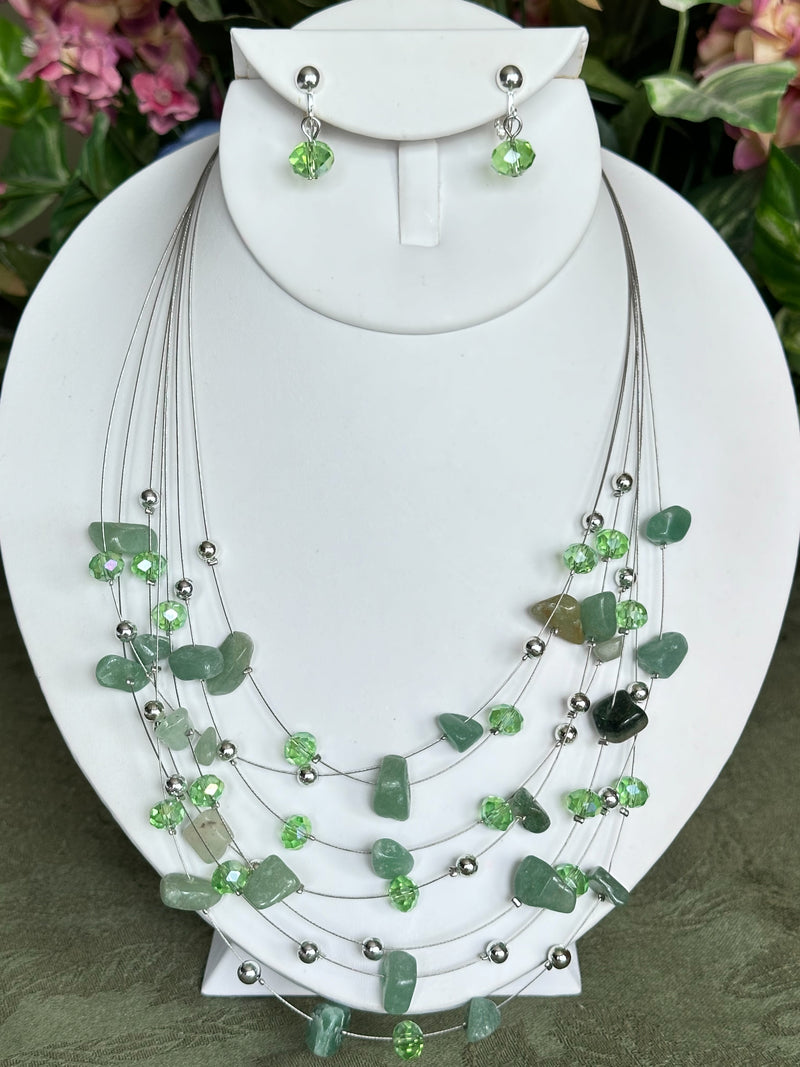 Clip on  silver and green odd shaped bead wire necklace and earring set