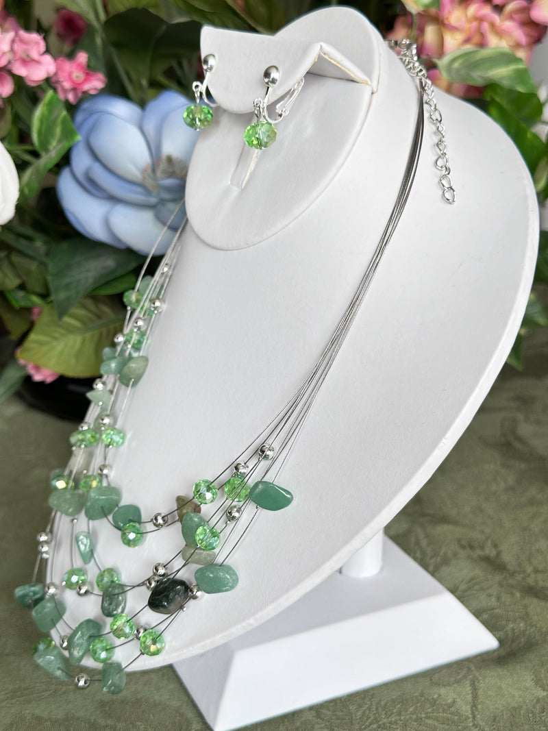 Clip on  silver and green odd shaped bead wire necklace and earring set