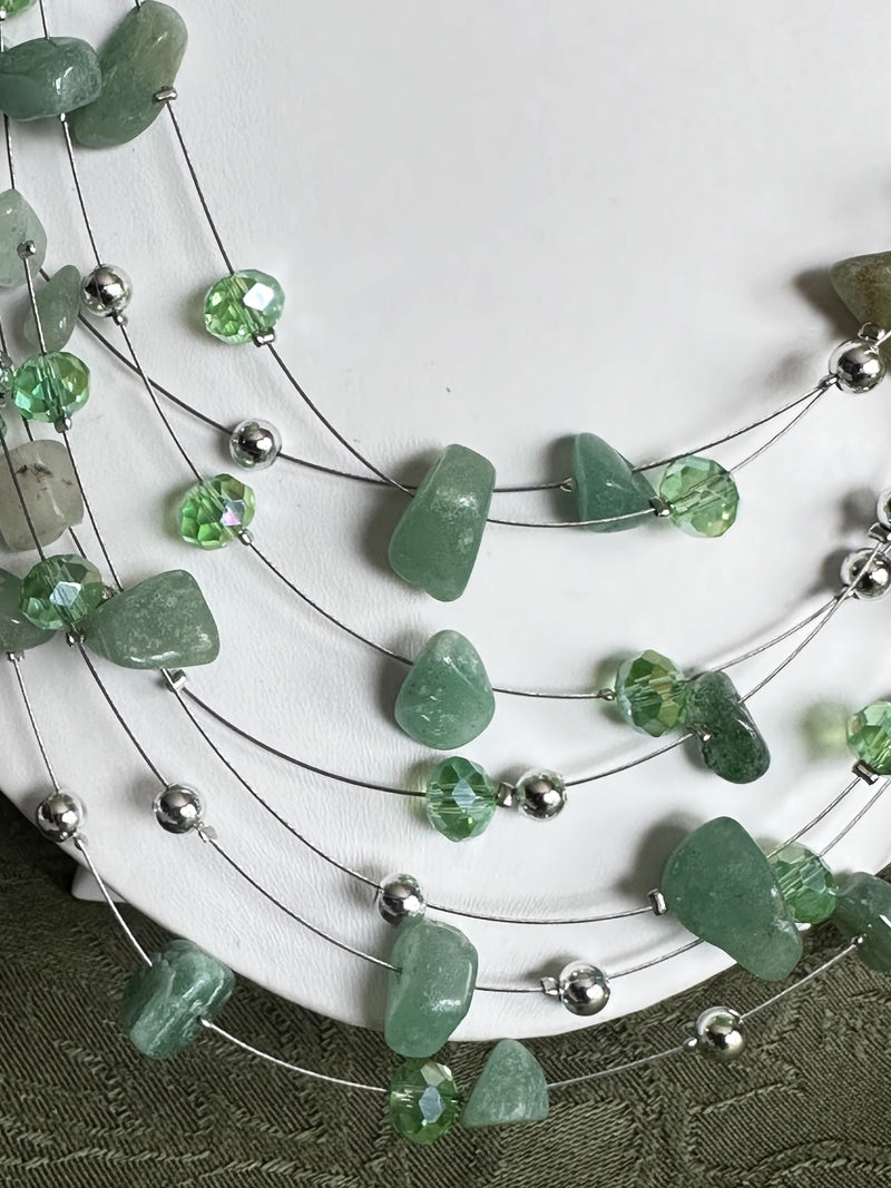 Clip on  silver and green odd shaped bead wire necklace and earring set