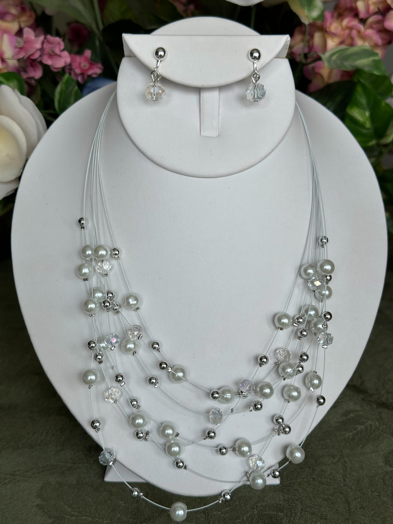 Clip on silver and white pearl multi strand wire necklace and earring set