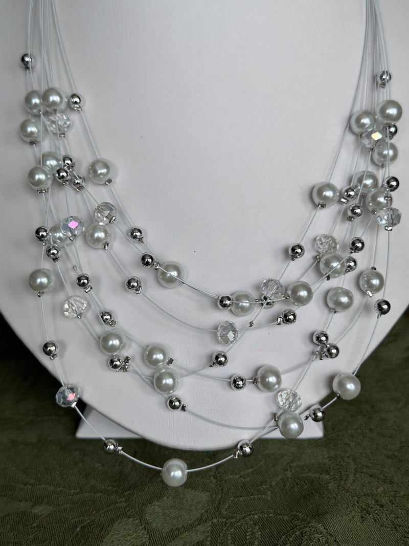 Clip on silver and white pearl multi strand wire necklace and earring set