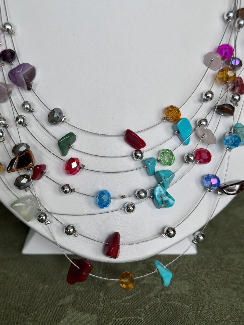 Clip on silver wire turquoise and multi colored odd shaped bead necklace set