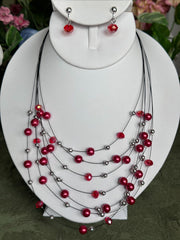 Clip on silver and red pearl multi strand wire necklace and earring set