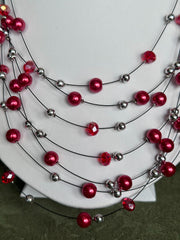 Clip on silver and red pearl multi strand wire necklace and earring set
