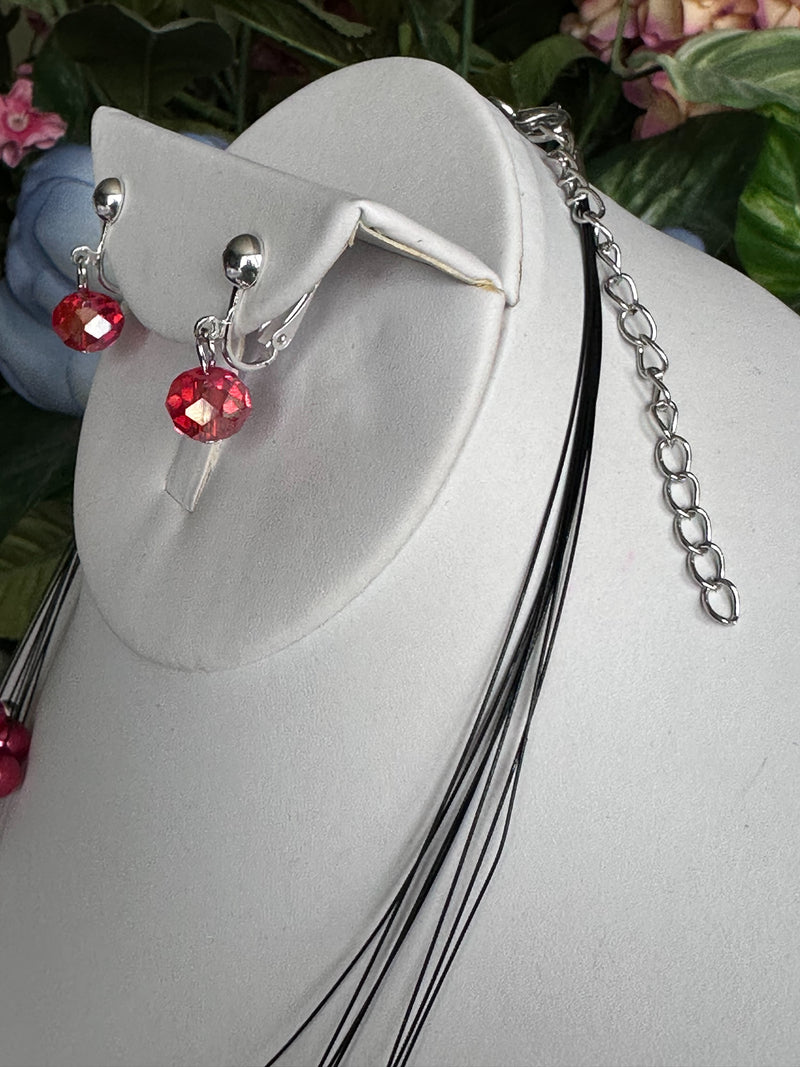 Clip on silver and red pearl multi strand wire necklace and earring set