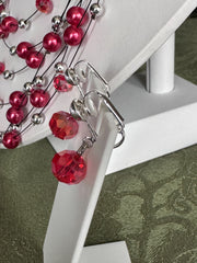 Clip on silver and red pearl multi strand wire necklace and earring set