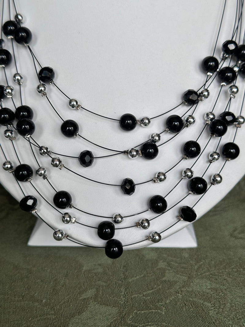 Clip on silver and black bead multi strand wire necklace and earring set