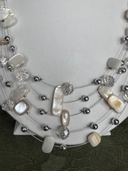 Clip on silver and white odd shaped bead wire necklace and earring set