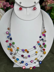 Clip on silver and small yellow multi colored odd shaped wire necklace set