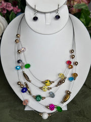 Clip on silver, gold and multi colored printed round bead necklace set