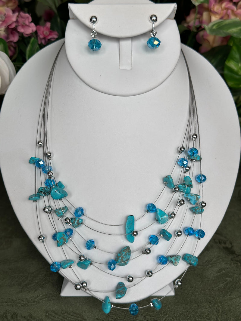 Clip on silver, blue and turquoise odd shaped bead wire necklace set