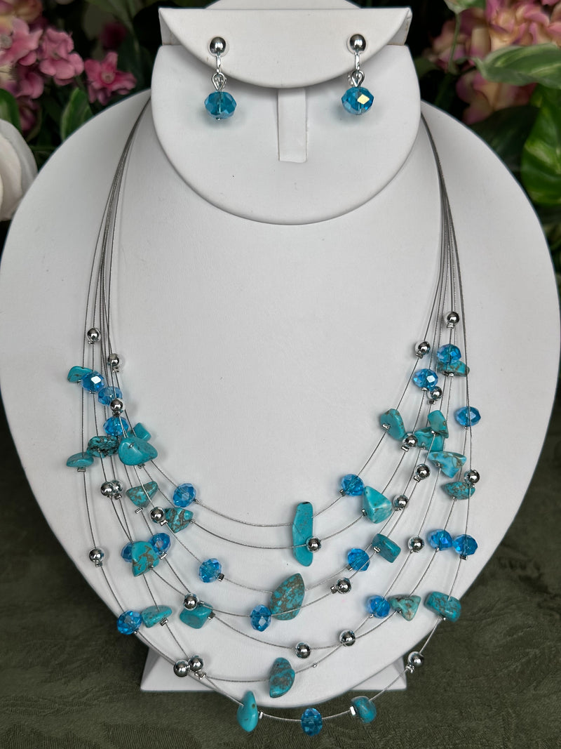 Clip on silver, blue and turquoise odd shaped bead multi strand wire necklace set