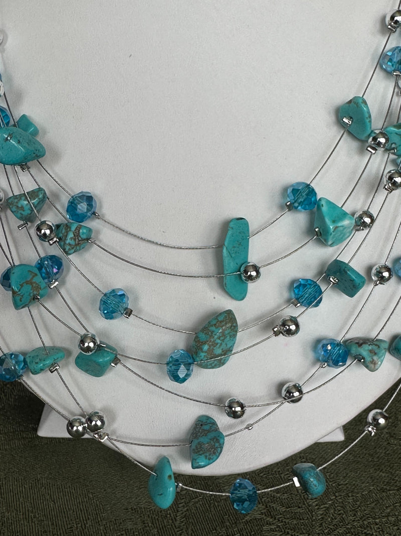 Clip on silver, blue and turquoise odd shaped bead multi strand wire necklace set