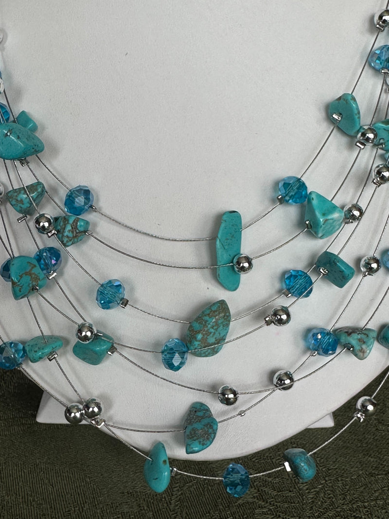 Clip on silver, blue and turquoise odd shaped bead wire necklace set