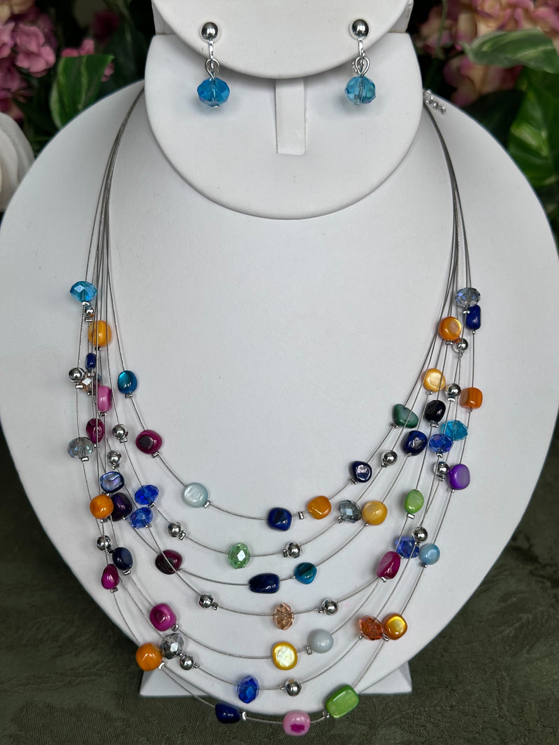 Clip on silver and small blue multi colored odd shaped wire necklace set