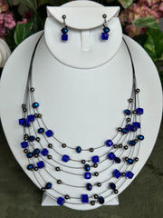 Clip on gunmetal and blue bead multi strand black wire necklace and earring set