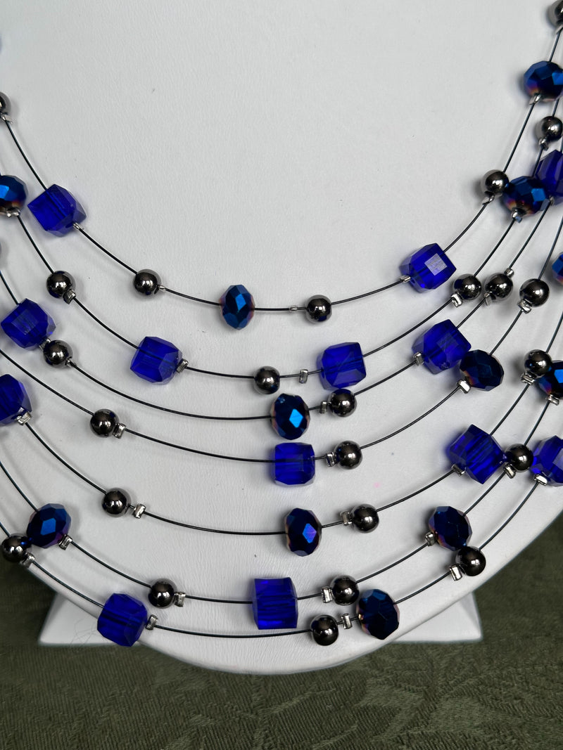 Clip on gunmetal and blue bead multi strand black wire necklace and earring set