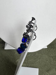 Clip on gunmetal and blue bead multi strand black wire necklace and earring set
