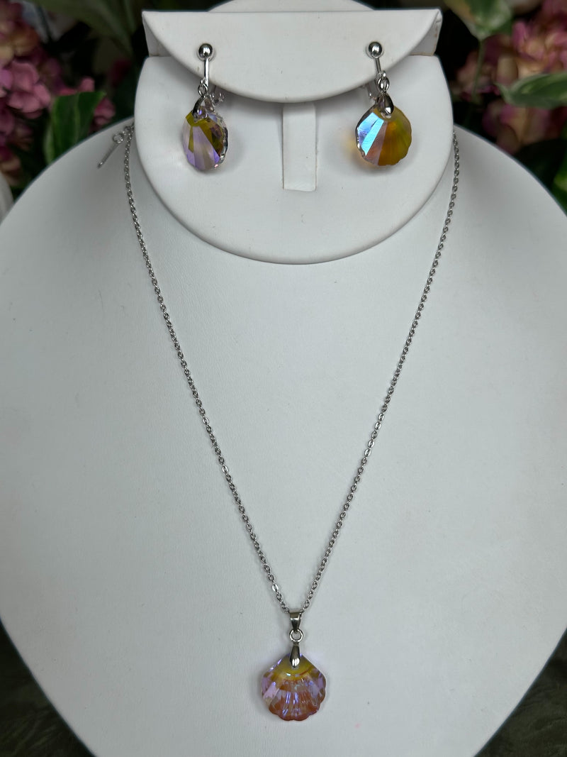 Clip on silver chain purple fluorescent stone shell necklace and earring set