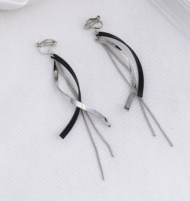 Clip on 3 3/4" long silver and black swirl chain earrings